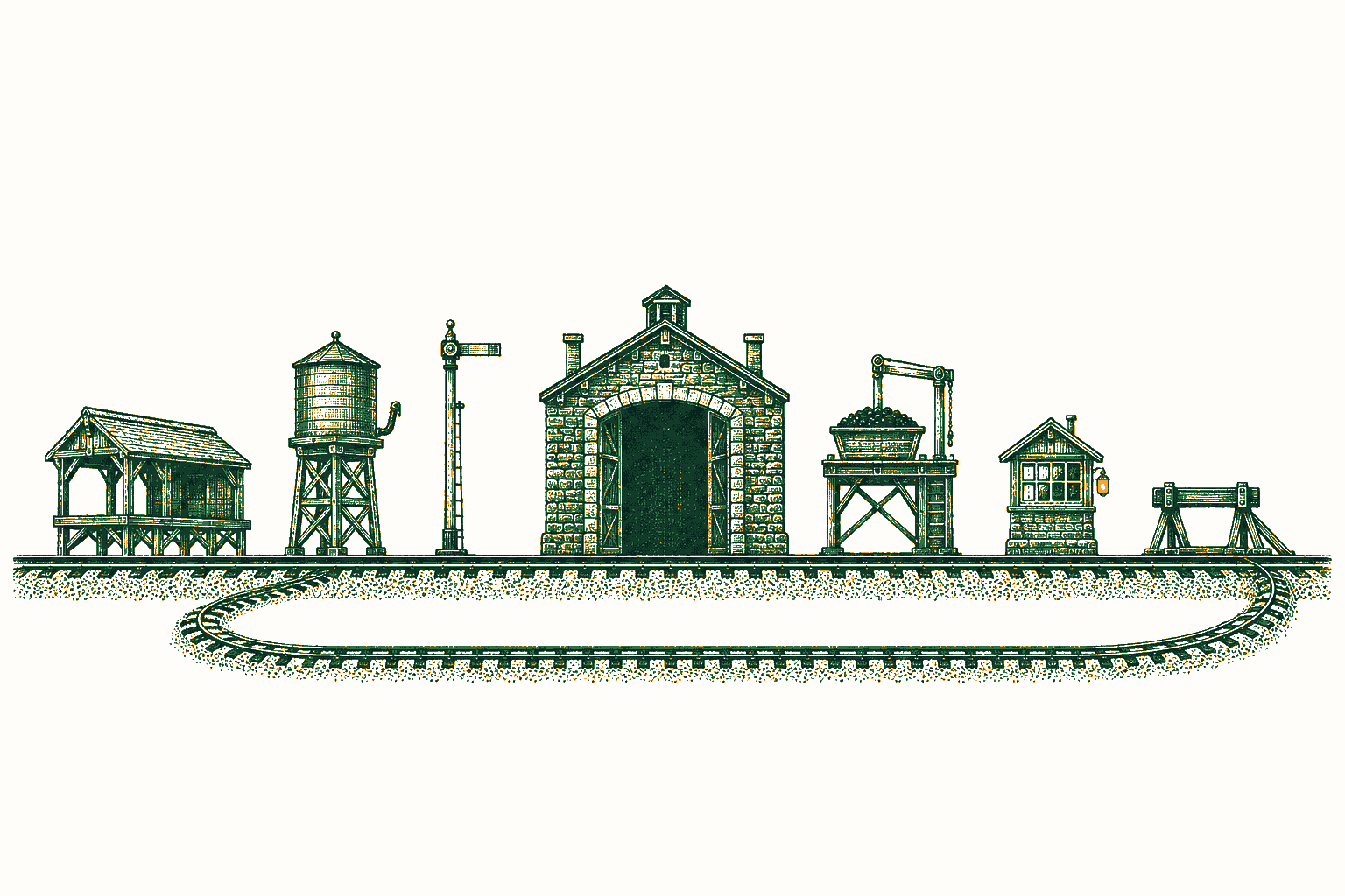 Seven railway structures sit along one track while a lower return line loops beneath them.