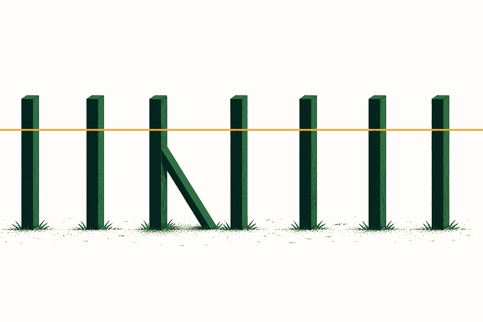 Seven fence posts carry one taut amber wire; the third post is reinforced by a diagonal brace.