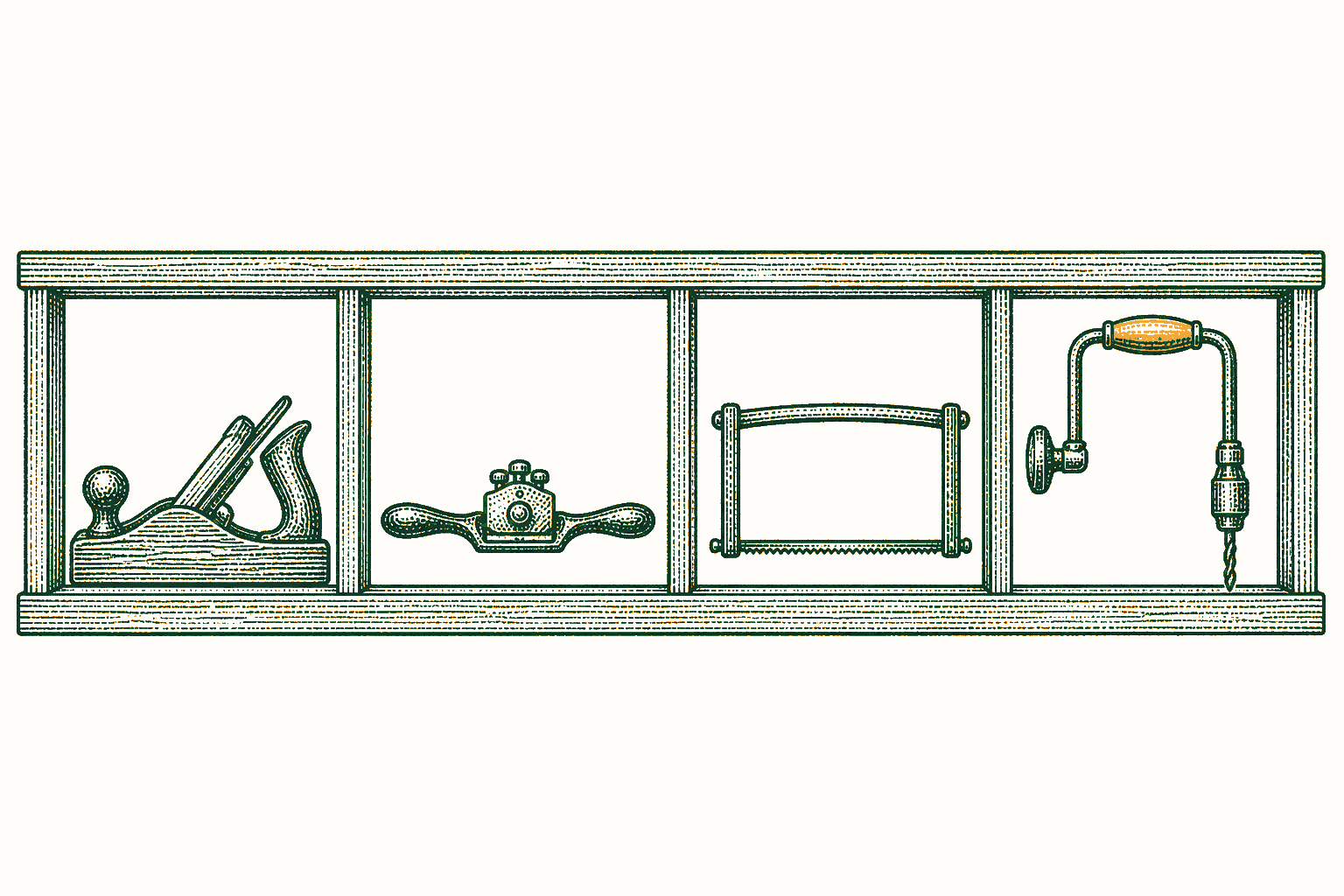 Four equal bays in a wooden rack hold a smoothing plane, spokeshave, bow saw, and brace.