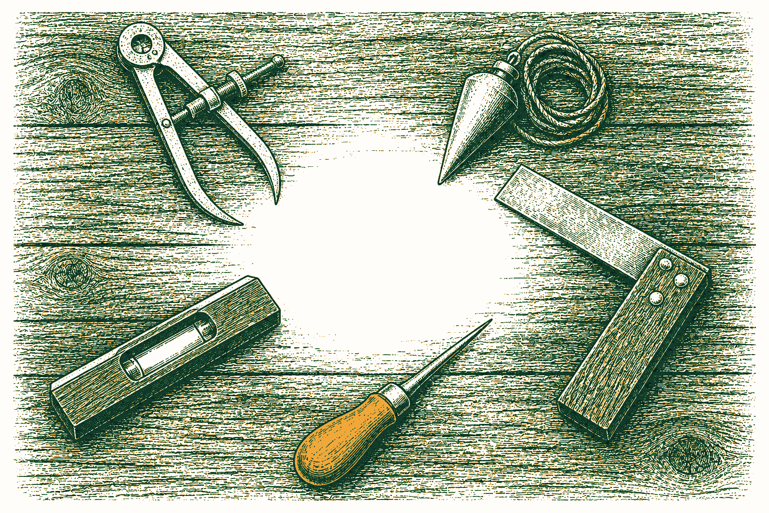 Calipers, a plumb bob, a try square, an awl, and a spirit level surround an empty space on a workbench.