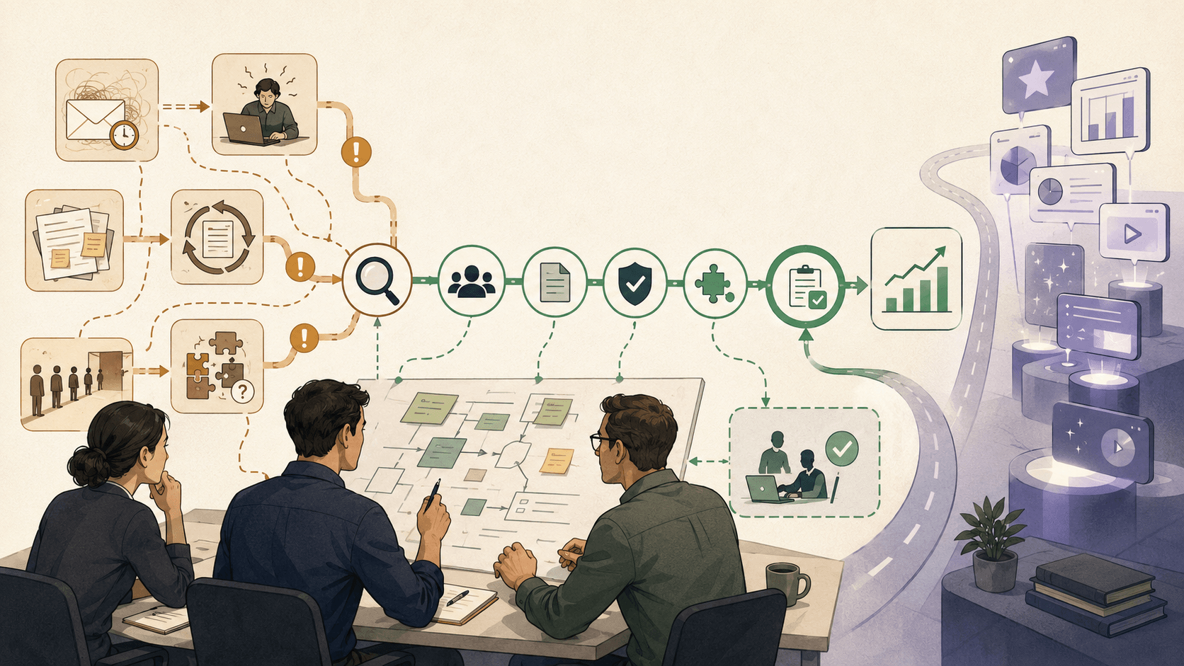 A team maps business friction, information, risk, human responsibilities, and review before choosing an appropriate AI option.