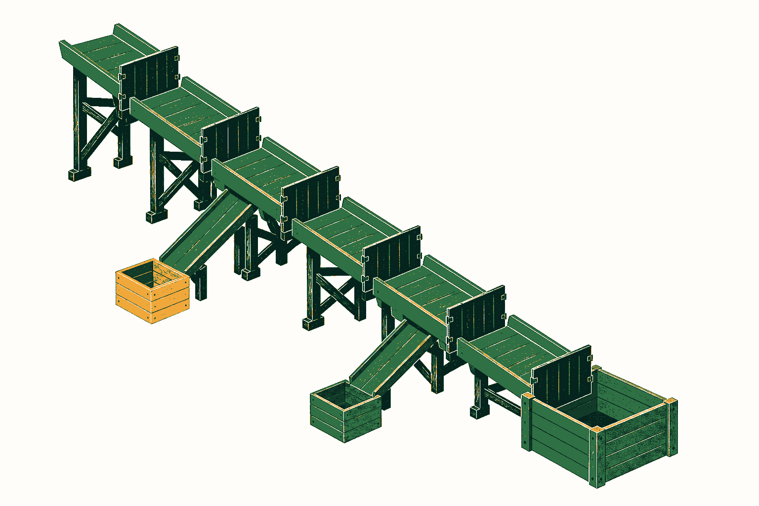 A six-stage timber grading chute descends through hinged gates, with two side chutes feeding exception crates.