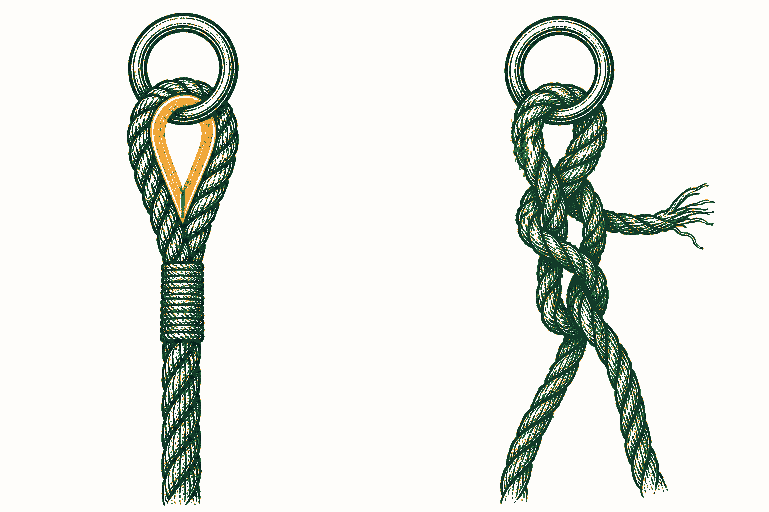 A served eye splice with an amber thimble sits beside a loose knot with fraying rope.