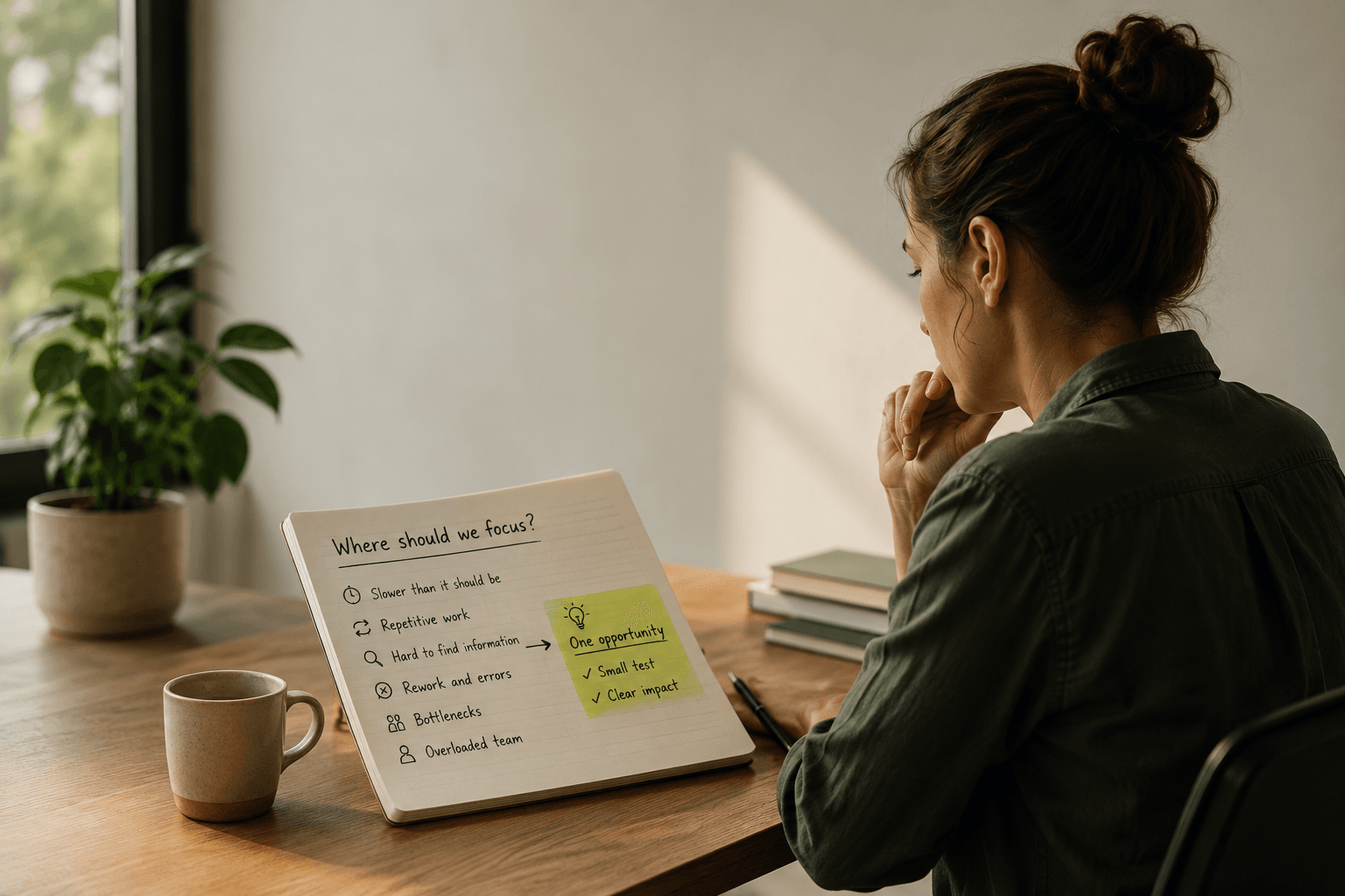 A business owner reviews a notebook of recurring operational friction and narrows it to one testable opportunity.